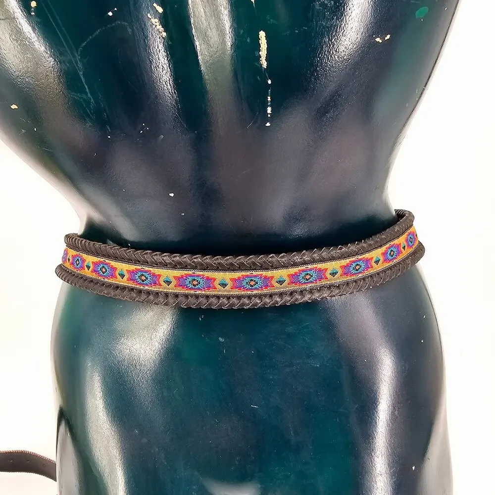 Vintage Women's Black Southwestern Leather Belt colorful silver buckle size M